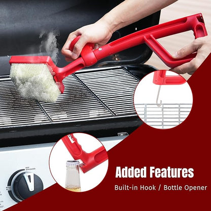 SHINESTAR Steam Grill Brush Bristle Free - Replaceable Cleaning Head with Unique Seamless-Fit Scraper, Durable Safe BBQ Cleaner for Cast Iron, Stainless-Steel & Various Grill Grate Types-Red