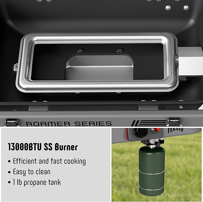 Portable Propane Gas Grill with Folding Cart & 13000 BTUs Burner, 360 Sq. In. Cast Iron Cooking Grates, Side Table, 8" Wheels, Stainless Grease Tray, Grey. Includes Propane Adapter Hose