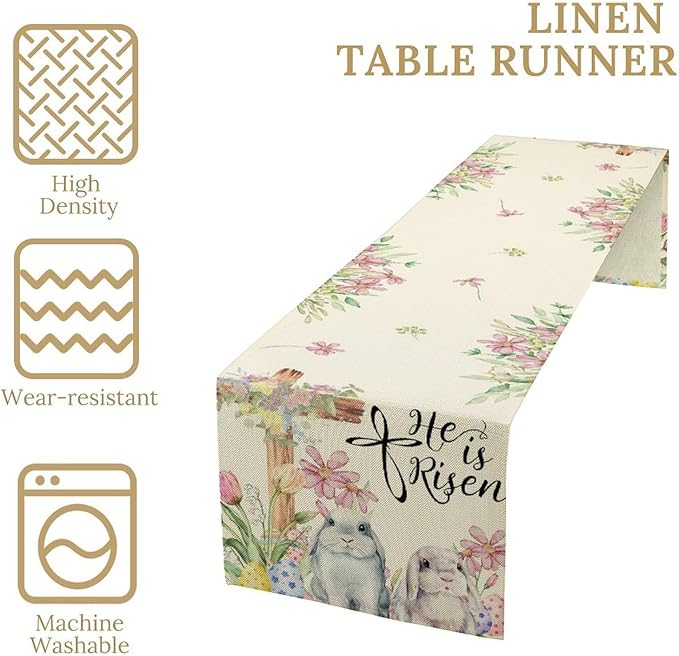 Easter Bunny Rabbits Table Runner,Boho Floral Cross Rabbits Easter Eggs Spring Table Center Decor for Family Kitchen and Living Room Outdoor Farmhouse Party Table Decorations, 13"x108"