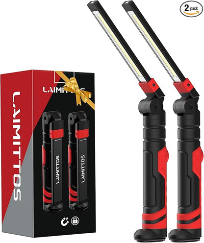 Rechargeable Work Light 2500mAh Magnetic LED Work Light Flashlight Mechanic Light Tool for Men Him, Foldable Lamp with Hook for Car Repair Emergency BBQ Grill (2 Pack)