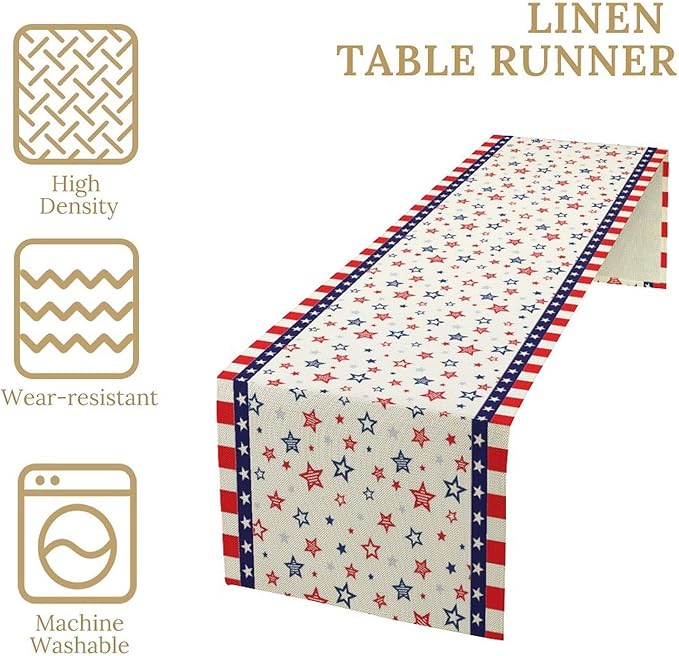 4th of July Table Runner, America Memorial Day Independence Day Stripe Stars Patriotic Table Runner for Home Kitchen Dining Indoor Holiday Farmhouse 13x120in