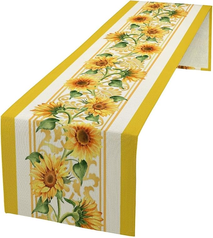 Yellow Sunflower Table Runner, Spring Summer Seasonal Floral Farmhouse Rustic Vintage Flower Print Table Cover for Home Kitchen Dining Table Decor Party, 13x108inch
