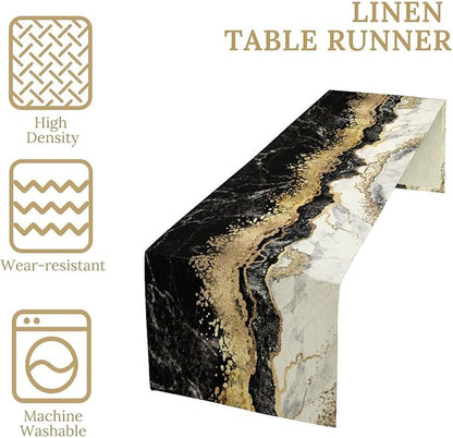 Marble Table Runner, Ink Golden Marble Texture Table Runner for Kitchen Wedding Farmhouse Indoor Outdoor Home Party 13x60in
