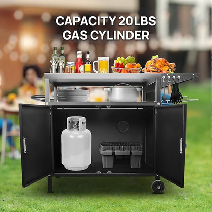 35" H Outdoor Grill Cart- Outdoor BBQ Prep Table, Lockable Wheels & Magnetic Cabinet for Patio, Backyard, Tailgating