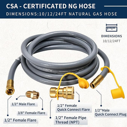 ABYDA 10Feet 1/2" ID Natural Gas Hose Low Pressure LPG Hose with Quick Connect -for BBQ, Grill, Pizza Oven, Patio Heater, and More - Propane to Natural Gas Conversion Kit - CSA Certified