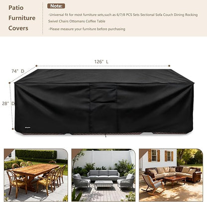 Rectangular Patio Furniture Covers,Upgraded 600D Heavy Duty Outdoor Furniture Covers Waterproof,Outdoor Sectional Dining Table and Chairs General Purpose Furniture Set Cover,126"L × 74"W × 28"H,Black