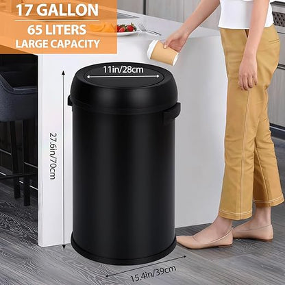 GarveeHome 17 gal/65 L Swing Top Trash Can, Stainless Steel Rubbish Bin, Commercial Grade Waste Container, Round Garbage Can for Outdoor, Home Office, Restaurant, Black