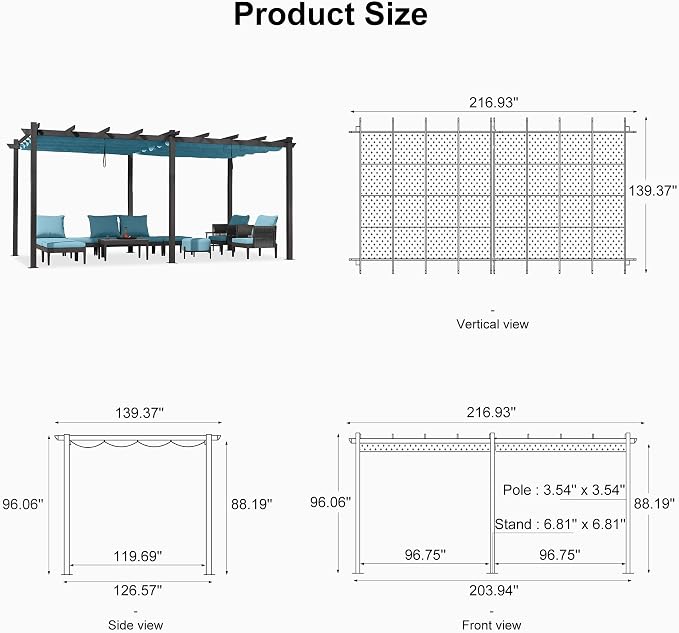 PURPLE LEAF Outdoor Pergola Retractable Aluminum 12' X 18', Turquoise Blue | - Image 7