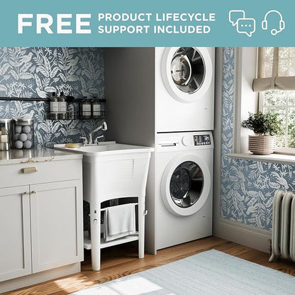 Zenna Home Utility Sink for Laundry Room and Garage, Freestanding Laundry Sink for Garage or Kitchen, Indoor & Outdoor Utility Tub with Pull-Out Faucet, Towel Bar, 24" W x 24" D x 36.75" H, White
