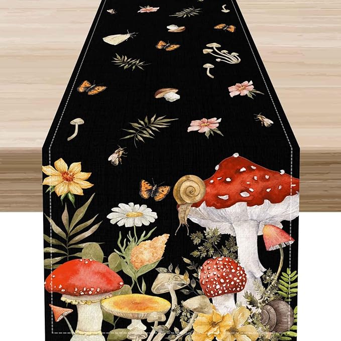Mushroom Table Runner, Rustic Farmhouse Forest PlantsBotanical Wildfloral Coffee Table Center Decor for Home Kitchen Dining Patio Holiday Party Indoor Outdoor Table Decorations, 13"x72" Inch