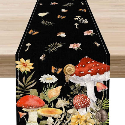 Mushroom Table Runner, Rustic Farmhouse Forest PlantsBotanical Wildfloral Coffee Table Center Decor for Home Kitchen Dining Patio Holiday Party Indoor Outdoor Table Decorations, 13"x36" Inch