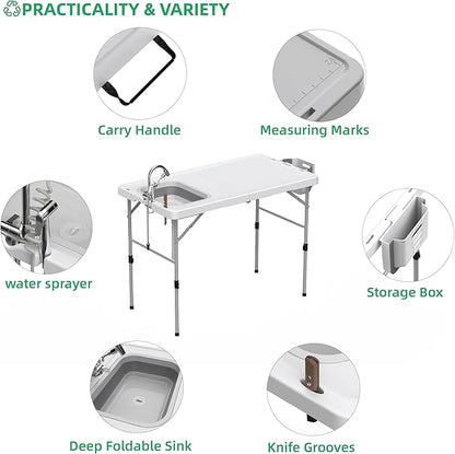 Allpop Fold-in-Half Fish Cleaning Table with Sink & Carrying Bag, 50'' Portable Folding Camping Fish Station with Drainage Hose, Faucet, Sprayer, Storage Box & Grooves for Picnic, White
