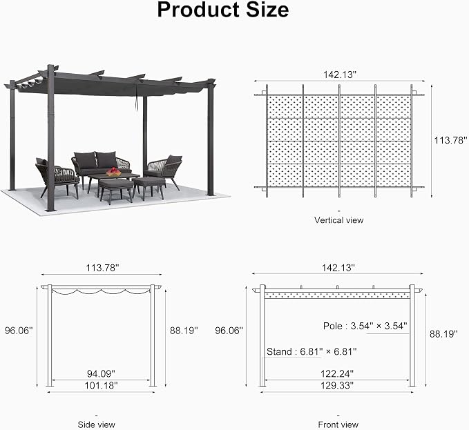 PURPLE LEAF Outdoor Retractable Pergola 10' X 12' Canopy Aluminum, Custom Shade - Image 7