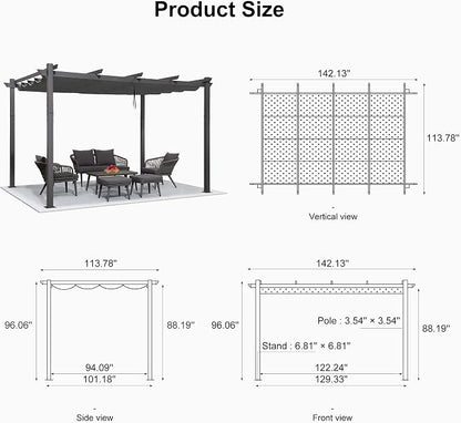 PURPLE LEAF Outdoor Retractable Pergola 10' X 12' Canopy Aluminum, Custom Shade - Image 7