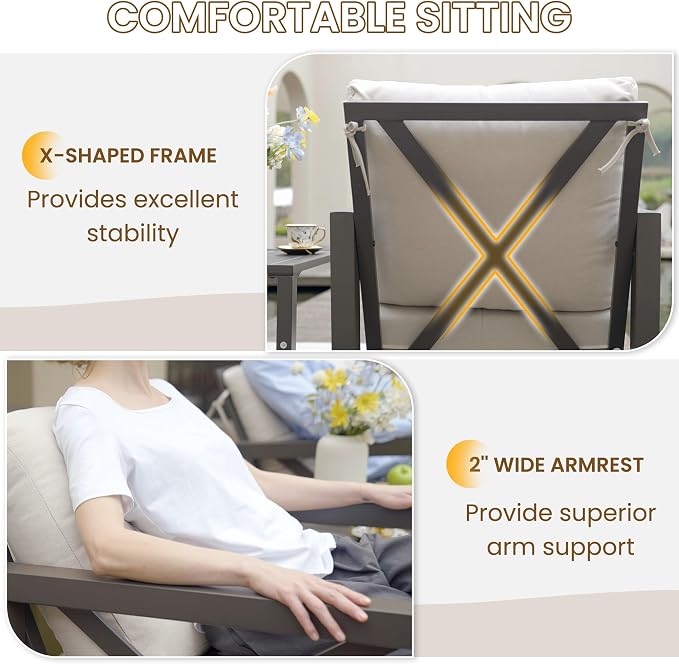 UDPATIO Rocking Chair Outdoor Oversized Metal Bistro Set 6.5" Cushion Beige | 3 - Image 7