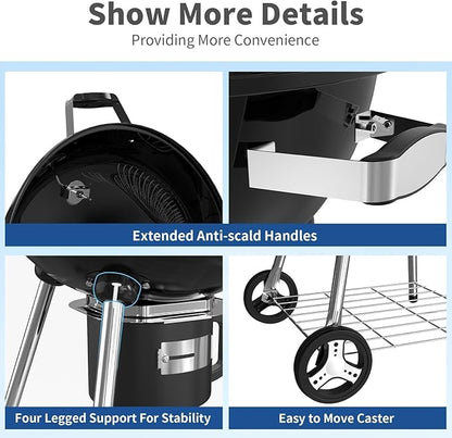 22.5-Inch Portable Charcoal Grill, Heavy Duty Kettle BBQ Smoker with Built-in Thermometer & Removable Water-Rinsable Ash Catcher for Outdoor Camping, Patio, Backyard, and Tailgating
