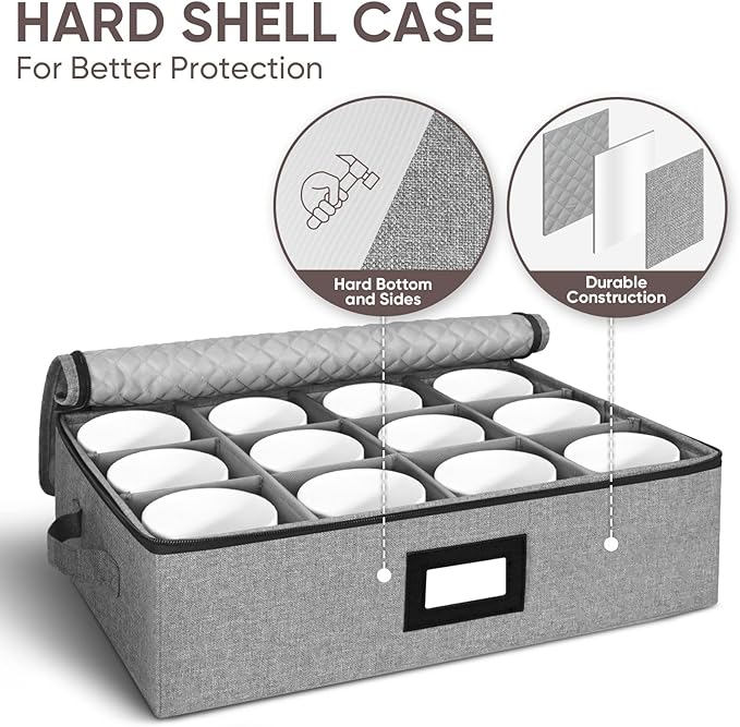 BALEINE China Storage Containers, Sturdy Quilted Wine Glass Storage, Plate Organizer with Carry Handles, Moving Boxes for Dishes, Cups, Mugs and Stemware (Mug, Hard Shell Grey)