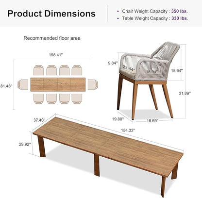 PURPLE LEAF 11 Pieces Patio Dining Set Aluminum Modern Oversize Rectangular Table and Rattan Arm Chairs with Cushions for Kitchen Porch Garden Outdoor Furniture Sets