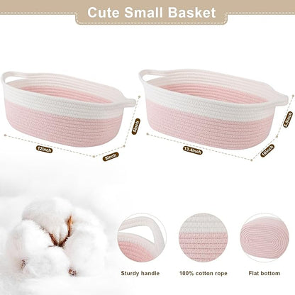 OIAHOMY Gift Basket Empty with Handle, 12"x 8"x 5" Small Woven Basket with Gift Bag, Ribbon and Wrap Tissue Paper, Dog Toy Storage for Organizing - Pink & White