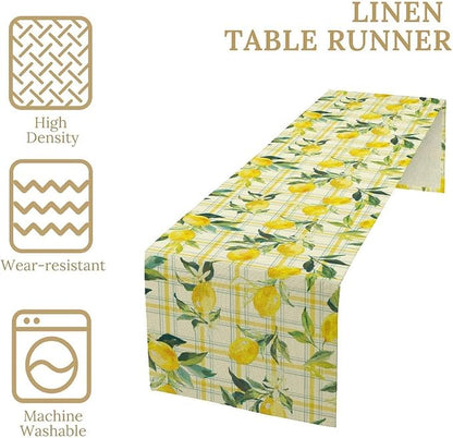 Yellow Plaid Lemon Table Runner Nature Watercolor Plant Countryside Farm Fruit Aesthetic Dining Table Decoration for Home Holiday Party Dresser Kitchen Cabin Restaurant Wedding Decor 13×60in