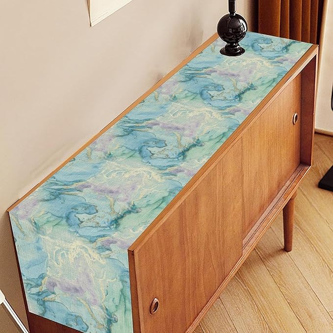 Summer Beach Table Runner, Blue Sea Coastal Nautical Marble Wave Ocean Table Runner Seasonal Holiday Home Kitchen Dining Table for Home Party Decor 13"x108"