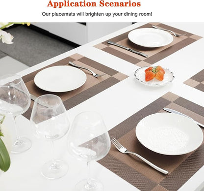 Placemats Set of 8,Washable,Heat and Stain Resistant Indoor/Outdoor Place mats,Vinyl Woven Non Slip Table Mats for Restaurant Table Protection,PVC Placemats(Brown,8PCS)