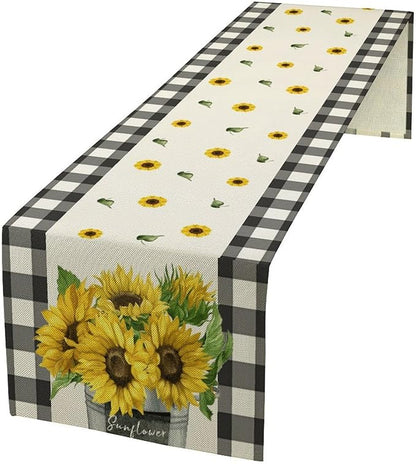 Morden Sunflower Table Runner,White Black Buffalo Plaid Watercolor Summer Flower Plants Leaves Print Table Runner for Kitchen Dining Table Holiday Home Party Decor 13x90in