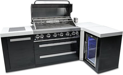 Mont Alpi MAi805-BSS90FC Black Stainless Steel 90 Degree Corner Gas Outdoor Kitchen Bar Island Grill w/Wine Cooler Beverage Center Refrigerator + Infrared Side & Rear Burners + Granite Countertop