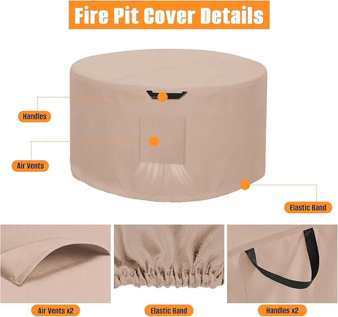 Kovshuiwe Round Fire Pit Cover-600D Fabric Waterproof and Resistant Material, Fits Outdoor For 34-36 Inch Fire Pit /Table Cover, Patio Fire Bowl Cover-36"DIA x 20"H, Khaki