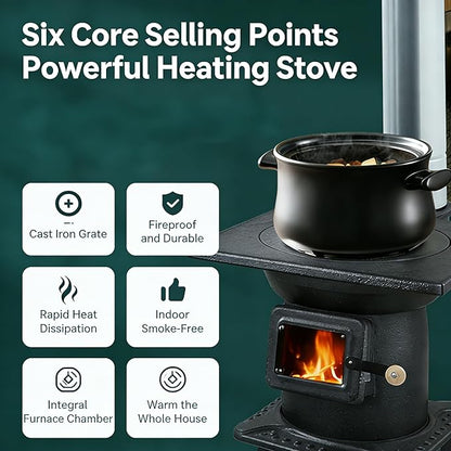 Wood Burning Stove with Chimney and Heat Shield, Outdoor Portable Heater for Camping, Cabin, Tent, Patio, Ice Fishing, Use with Firewood Coal, Carbon Steel, 3-Size Cooktop
