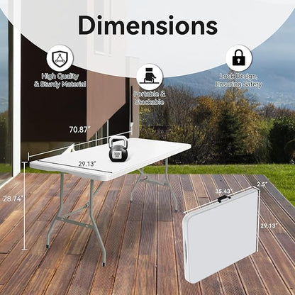80 Pack of 6 Foot Foldable Table with Built in Handle & Steel Legs ,Heavy Duty Portable ,Perfect for Party, Dining, Wedding, Events, Picnic Indoor, Outdoor, Camping, Utility, Folding(white-80pac)