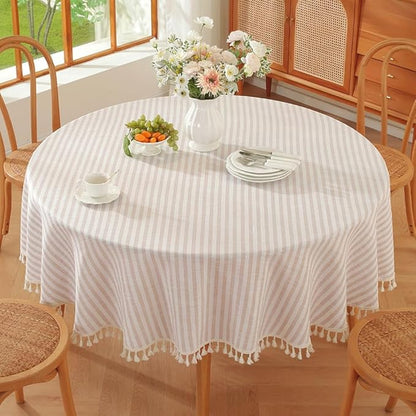 TruDelve Small Round Table Cloth 60 Inch Beige Striped Cloth Tablecloth Boho Fall Round Tablecloths for Outdoor Table Cover (Beige,60",Round)