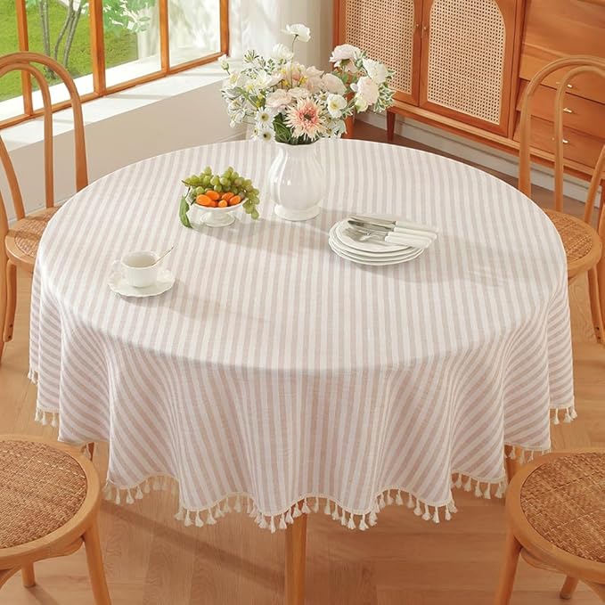 TruDelve Round Tablecloth 70 Inch Beige Striped Cloth Tablecloths Fall Tablecloths Outdoor Table Cloth Round Cover (Beige,70",Round)