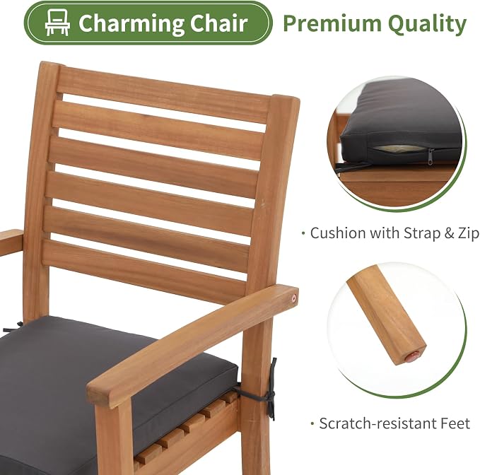 Stackable Patio Dining Chairs Set of 2, Dark Grey | Outdoor Acacia Wood Chairs - Image 5