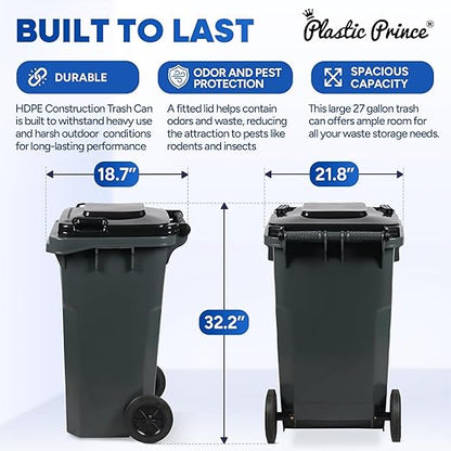 27 Gallon Outdoor Trash Can with Lid and Wheels Small Outdoor Garbage Can with Wheels Outside Heavy-Duty Rolling Trash Bin for Home Office Commercial Use, Gray