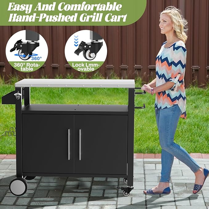 Outdoor Grill Cart with Patio Furniture, Outdoor Grill Table with Storage,Rolling Bar Cart Outdoor BBQ Cart with Hooks and Spice Rack for Grilling Accessories(Double Door, Black)
