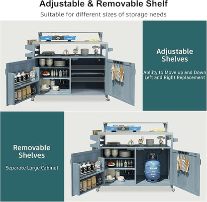 53.3" Outdoor Kitchen Island with Stainless Steel Top, Rolling Grill Cart with Adjustable Shelves, Raised Shelf, Lockable Wheels, Portable Outdoor Table and Bar Storage Cabinet for Patio