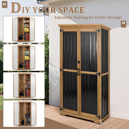 Outdoor Storage Cabinet, Wood & Metal Storage Shed with Weather-Resistant Roof, Removable Shelves, Lockable Doors, Outside Storage Tool Organizer for Garden, Patio, Backyard, Garage, Pool
