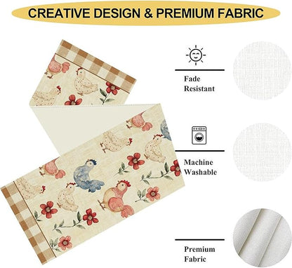 Farmhouse Rooster Table Runner, Rustic Farm Chicken Brown Plaid Flower Plant Watercolor Coffee Table Center Decor for Home Kitchen Dining Patio Party Indoor Outdoor Table Decorations, 13" X 36"