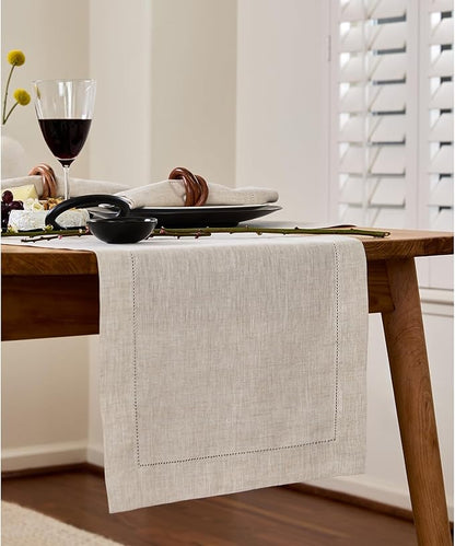 Solino Home Linen Light Natural Table Runner 72 Inches Long - 100% Pure Linen Hemstitch Table Runner 14 x 72 Inch for Dresser, Dining, Spring, Easter - Classic Hemstitch