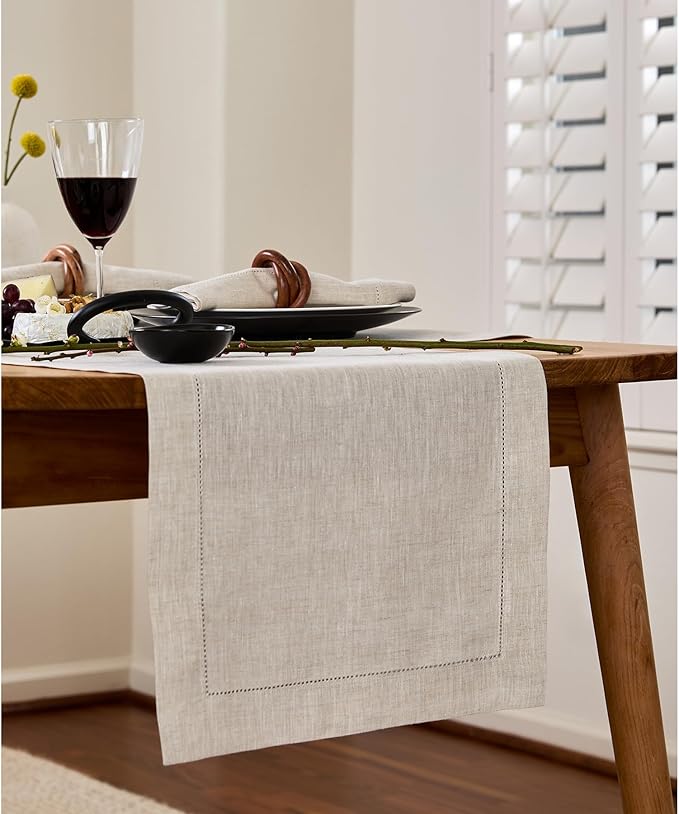 Solino Home Linen Light Natural Table Runner 60 Inches - Classic Hemstitch, 100% Pure Linen Coffee Table Runner 14 x 60 Inch Ideal for Dresser Tables - Spring, Easter