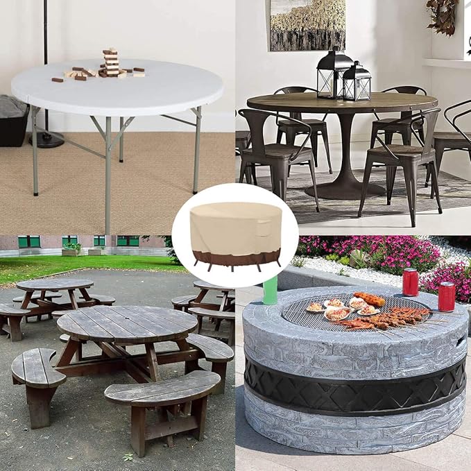 Vailge Round Patio Furniture Covers, 100% Waterproof Outdoor Table Chair Set Covers, Anti-Fading Cover for Outdoor Furniture Set, UV Resistant (Beige&brown, 84"DIAx28"H)