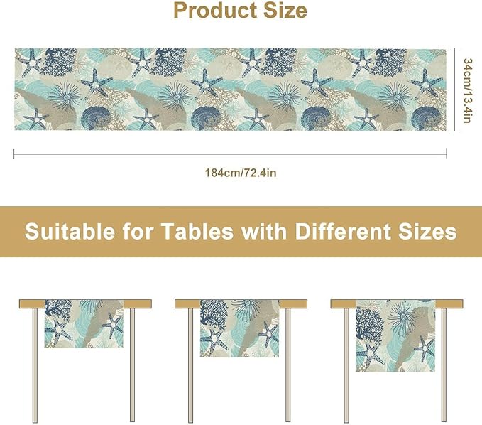 Marine Life Table Runner, Sea Underwater World Ocean Creature Table Runner for Dining Kitchen Party Holidays Home 13x90in
