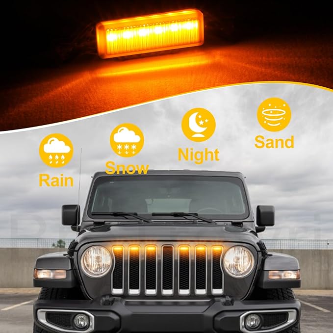 Led Grill Lights fit for 2019 2020 2021 2022 2023 Jeep Wrangler JL JLU Rubicon Sahara Sport Front Grille Grills Light Front Headlights Wrangler JL Jlu 2018-2023 Amber Accessories (JL Amber LED 6PCS)