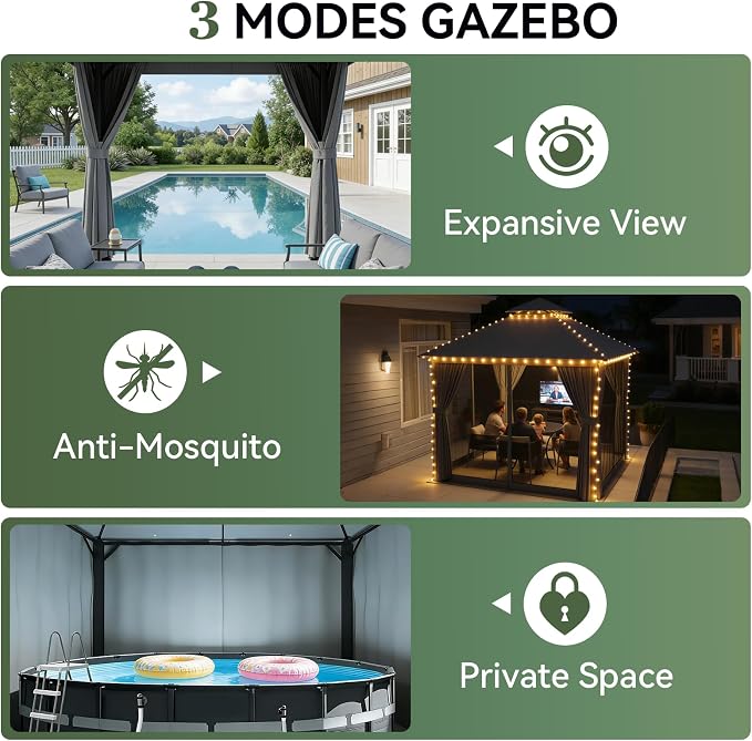 Aoxun 8x8FT Metal Frame Outdoor Gazebo, Dark Gray | UPF50+ Protection 50×50mm - Image 4