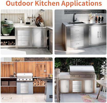 JIEJIN Outdoor Kitchen Drawers Stainless Steel Triple BBQ Island Drawer Flush Mount Outdoor Kitchen Cabinets with Handles with Wheels for Outdoor Kitchens or BBQ Island Patio Grill Station, Silver