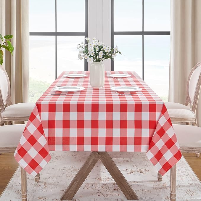 Softalker Gingham Checkered Tablecloth Rectangle - Outdoor Waterproof Buffalo Plaid Table Cloth, Stain Resistant Washable Table Cover for Picnic, Camping, Dining - Red and White, 60 x 102 Inch