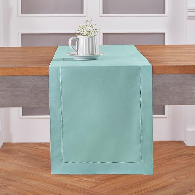 Solino Home Cotton Linen Table Runner 36 Inches - Pastel Turquoise Hemstitch Table Runner 14 x 36 Inch Ideal for Dresser and Coffee Tables, Spring, Easter