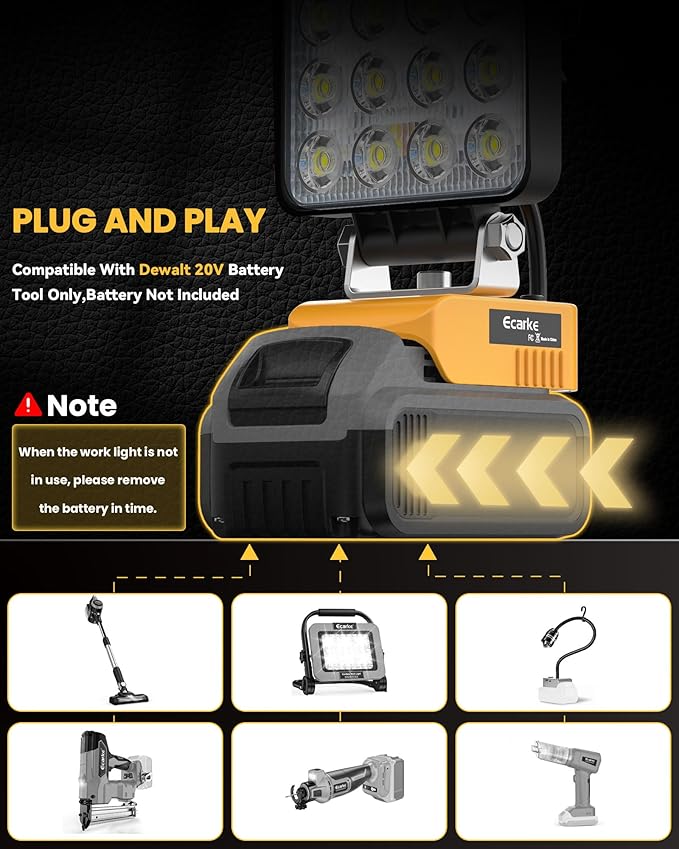 Ecarke 20V Cordless LED Work Light Compatible with DeWALT Batteries: 70W 7000LM Flashlight with Low Voltage Protection, 20V Tools Flood Light for Job Site, Construction & Camping, Battery Not Included