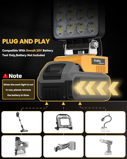 Ecarke 20V Cordless LED Work Light Compatible with DeWALT Batteries: 70W 7000LM Flashlight with Low Voltage Protection, 20V Tools Flood Light for Job Site, Construction & Camping, Battery Not Included